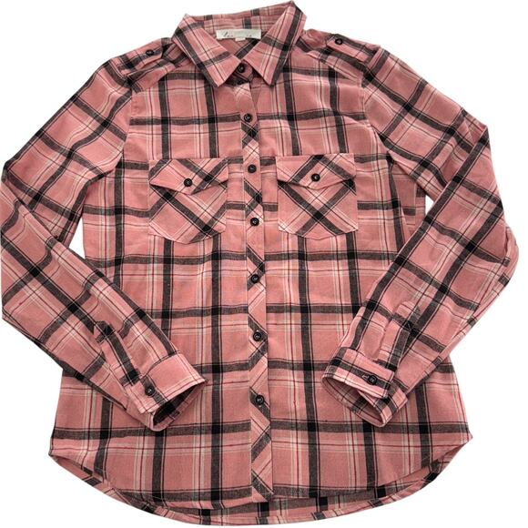 Love Tree Top Womens Small Pink Plaid Flannel Button Down Western - Picture 1 of 6
